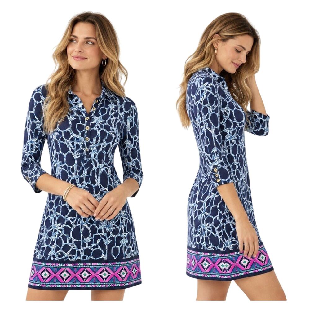 Lilly Pulitzer Ansley Polo Dress XXS High Tide Navy Lucky Bamboo UPF 50